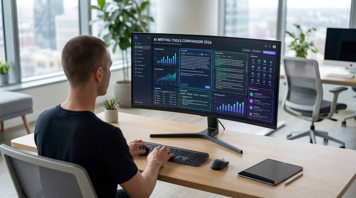 Un homme travaillant sur un ordinateur affichant un tableau de bord comparatif d'outils de rédaction par intelligence artificielle.