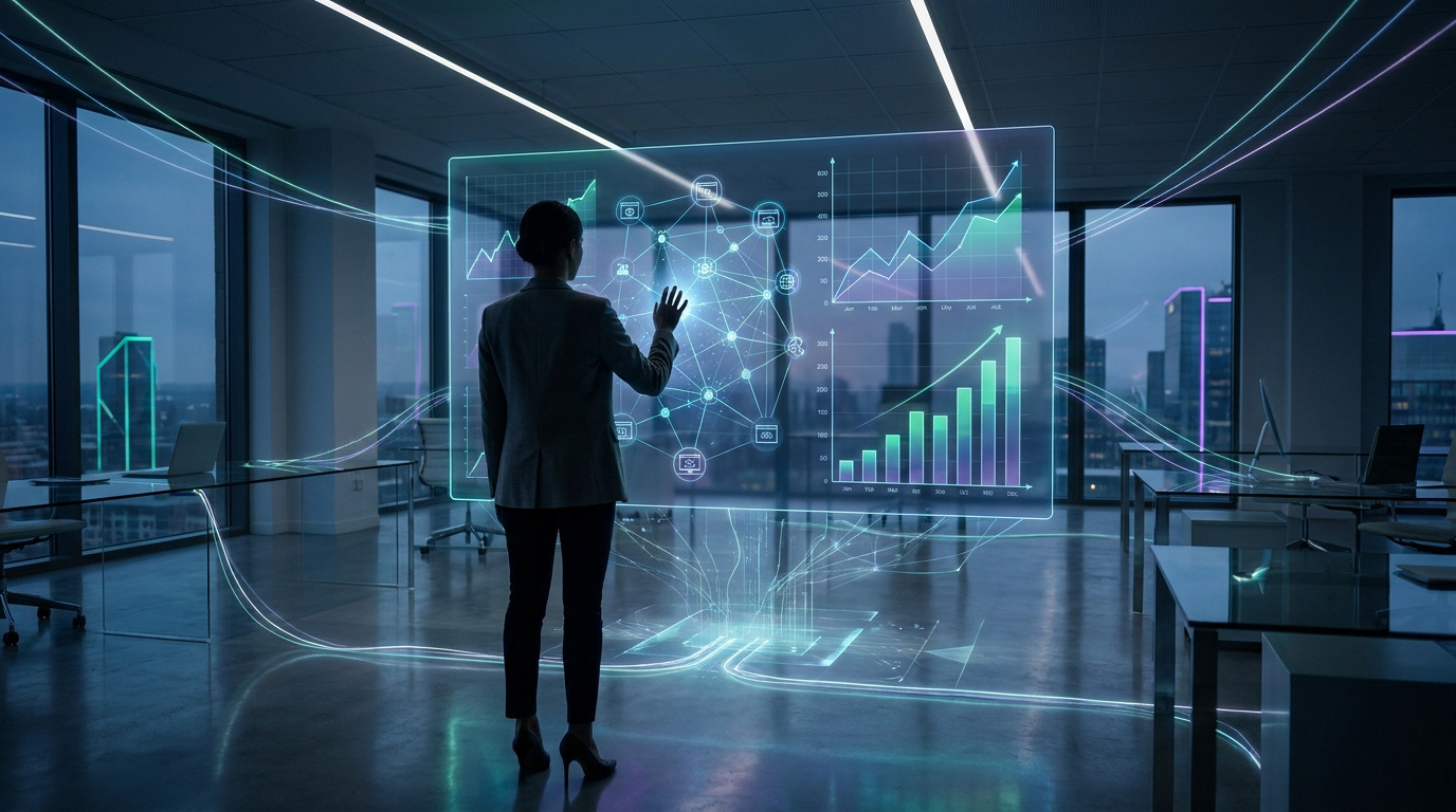 Une femme d'affaires analyse des données SEO sur un écran holographique interactif dans un bureau moderne.