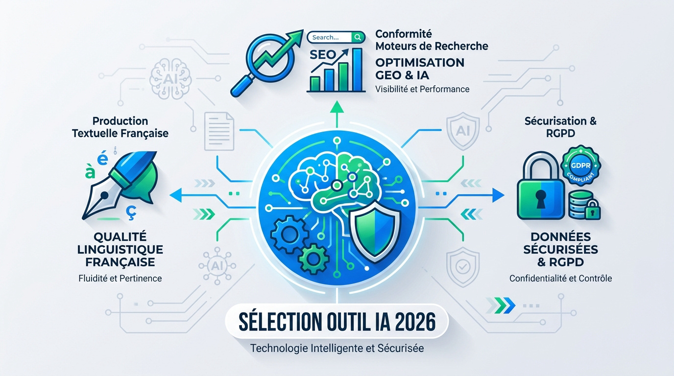 Infographie présentant les piliers de la rédaction IA en 2026 : qualité linguistique, optimisation SEO et sécurité des données RGPD.