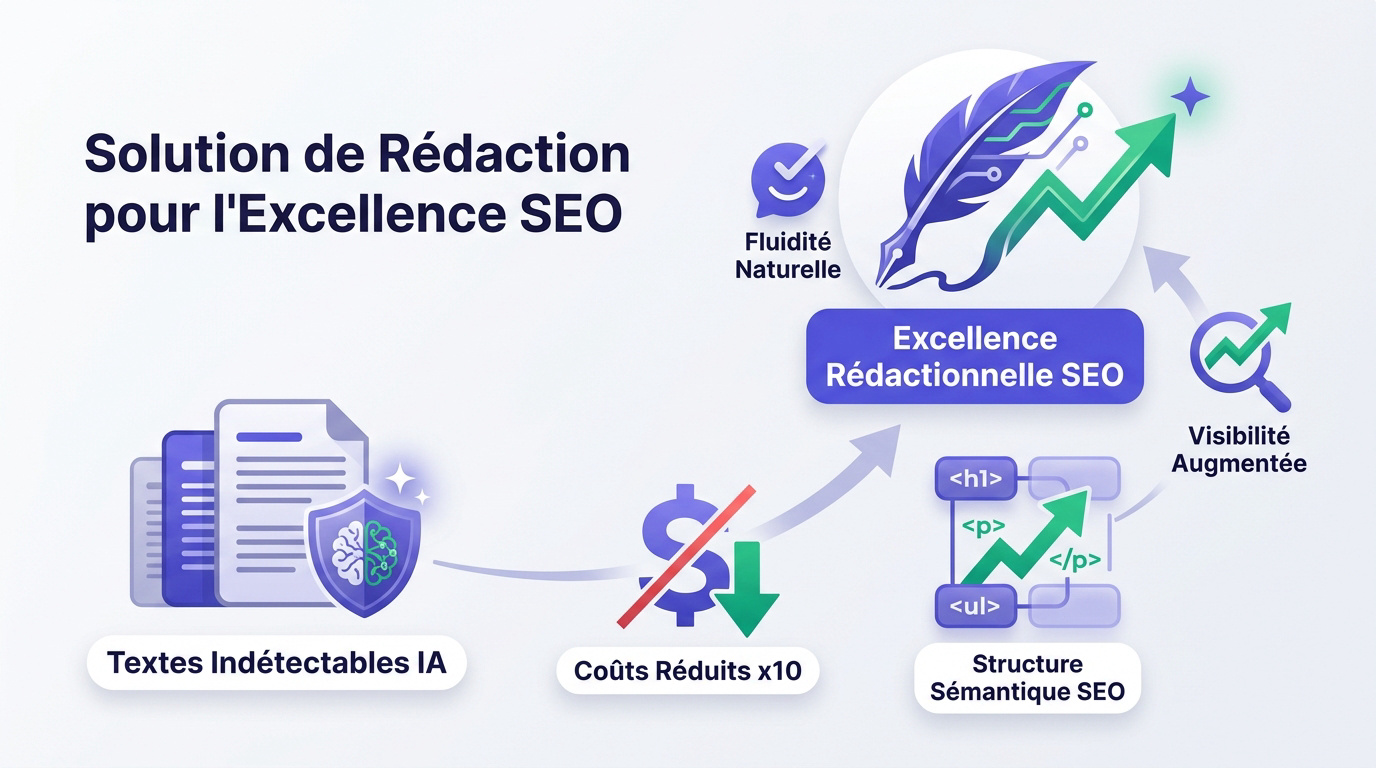 Infographie présentant la solution rédactionnelle Wisewand pour l'excellence SEO