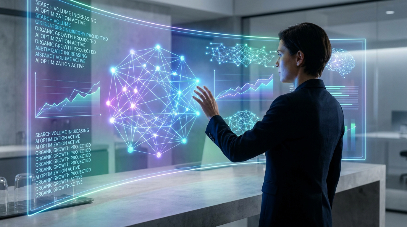 Une femme d'affaires interagit avec une interface holographique futuriste affichant des données et des graphiques.