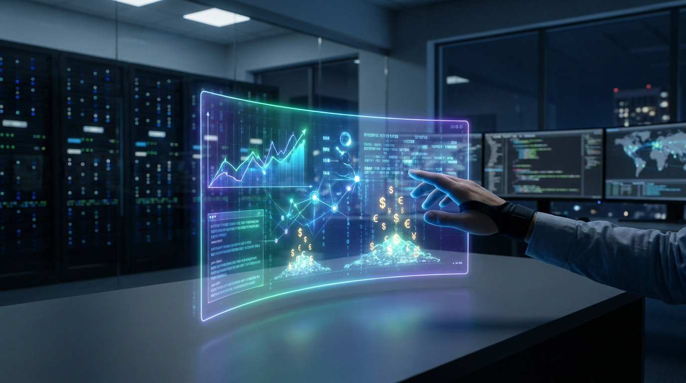 Une main utilisant une interface holographique futuriste affichant des graphiques financiers dans un centre de données.